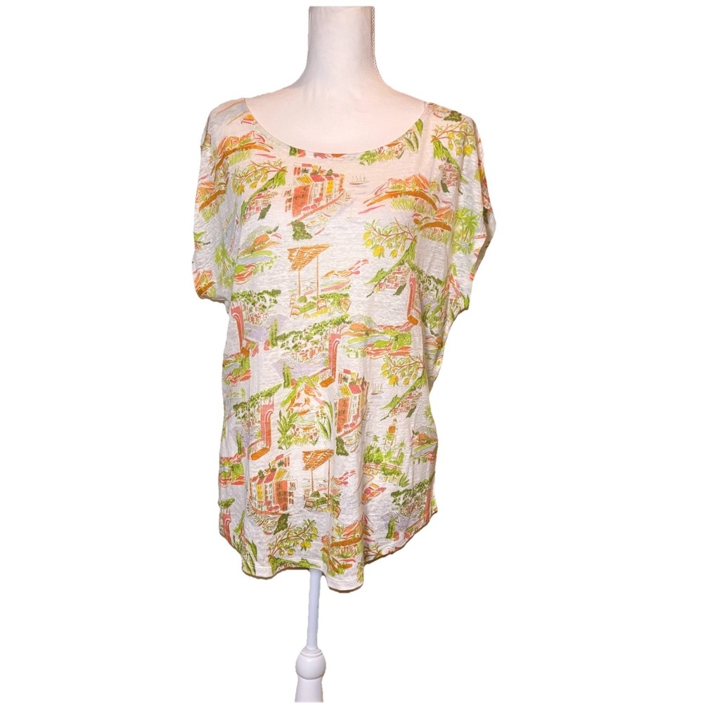 Cynthia Rowley 100% Linen Top XL Scenic Print Short‎ Sleeve Beach Resort Shirt